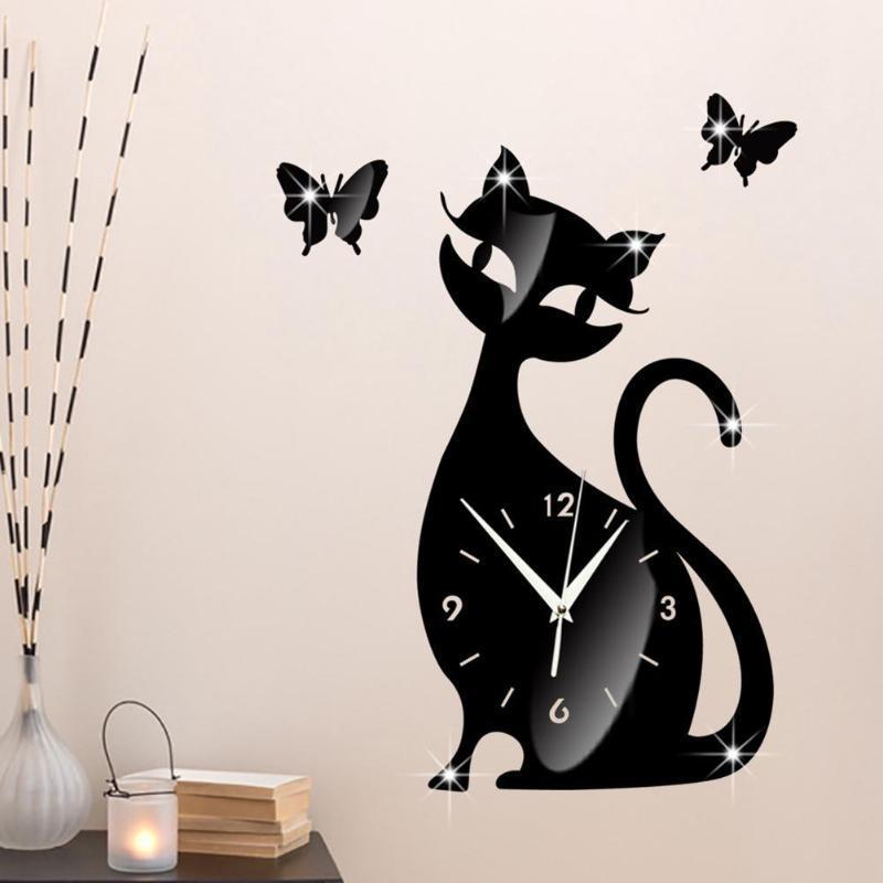 Horloge Chat Femelle et Papillons Noir 