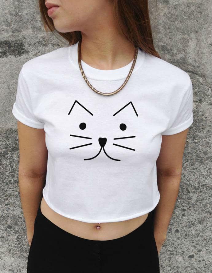 T-Shirt Crop-Top Femme Chat Géométrique 