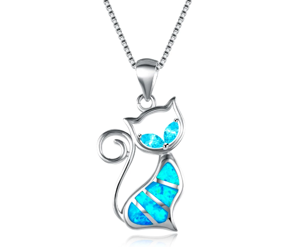 Collier Chat Bleu Opale Feu