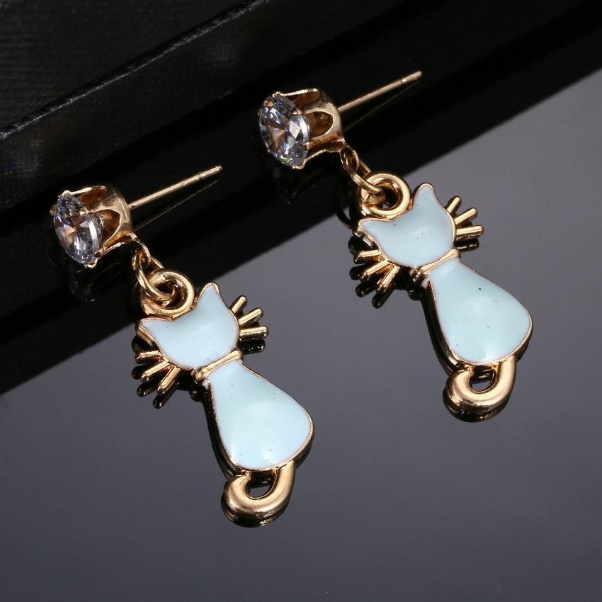 Boucle d'Oreille Chat Bleu Turquoise Or