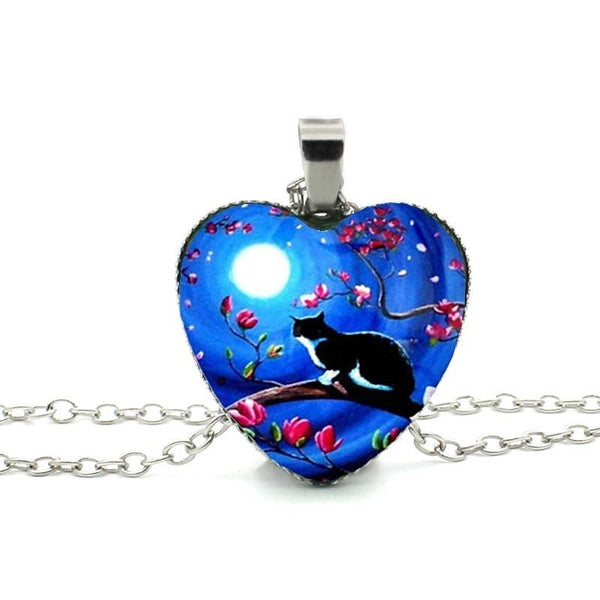 Pendentif Chat (Acier) Cabochon en Coeur