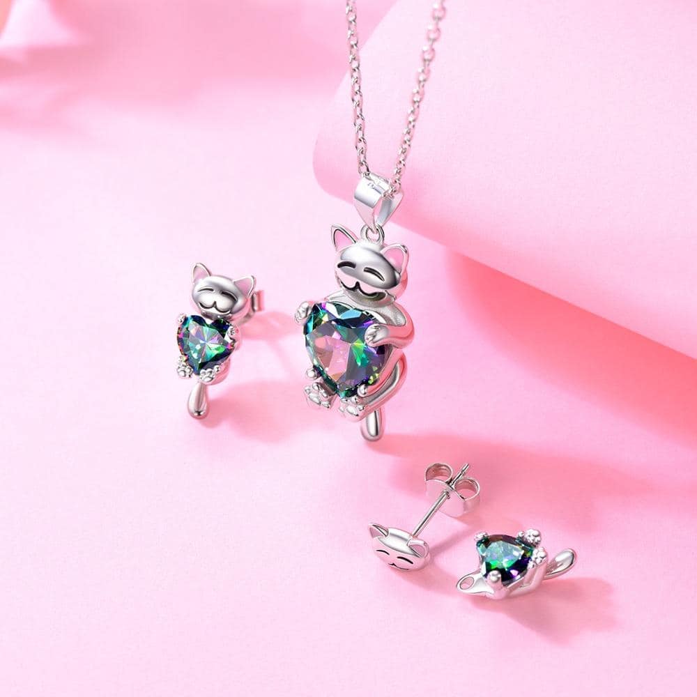 Boucles d'Oreilles Chat (Argent) Coeur en Joyau